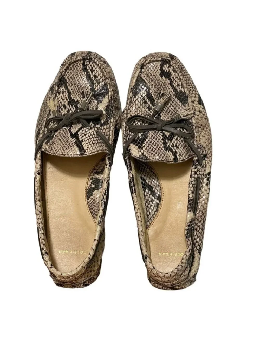 Cole Haan Garnet Snakeprint Loafers Brown Black Leather Mocs Tassel Size 7.5